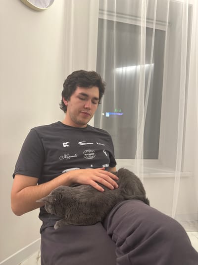 A person with dark curly hair, wearing a black t-shirt, is holding a gray cat. They are indoors, near a window covered with a thin white curtain. The location is in the city of Молодёжный, Russia. The person appears to be relaxed, possibly sleeping. The cat is nestled in the person's arms. The room is brightly lit.
