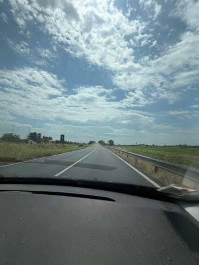 The image depicts a view from inside a vehicle, looking forward along a paved road. The road has white lane markings and is bordered by a grassy shoulder and a metal guardrail on the right. Beyond the guardrail, a field of green crops extends to the horizon. On the left side of the road, there is dry grass, trees, and some buildings, including what appears to be a sports facility with a net. The sky is predominantly blue with scattered white, fluffy clouds, and sunlight filters through, creating some bright spots. The dashboard of the vehicle is visible in the foreground, showing a textured surface with some water spots or dust. There are no people or animals clearly visible in the image. The overall scene suggests a rural or semi-rural area, likely on the outskirts of a city. Based on the provided context, this view is from a road in Novara, Italy.