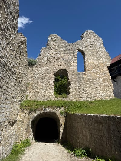The image depicts the ruins of the Hohenneuffen Castle, a historical landmark situated on a hill overlooking the city of Neuffen, Germany. The foreground shows a stone tunnel entrance with a gravel path leading into it. To the left and right of the tunnel are ancient stone walls, part of the castle's fortifications. The walls are weathered and show signs of age, with vegetation growing in crevices. Above the tunnel, the castle ruins rise, characterized by crumbling stone walls and a prominent arched window opening. A patch of lush green grass covers the area above the tunnel and extends towards the ruins. In the background, a portion of a building with a red tiled roof and wooden balconies is visible, suggesting that parts of the castle complex are still in use or have been restored. The sky is a clear, vibrant blue with a few wisps of white clouds. The scene is bathed in bright sunlight, casting shadows and highlighting the textures of the stone structures. There are no people or animals visible in the image.