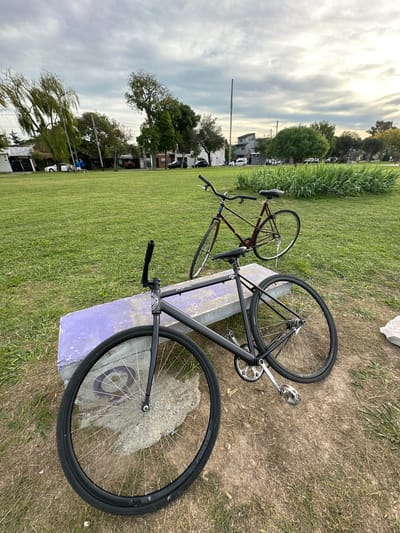 Two bicycles are resting on a concrete bench in a park setting. One bicycle has a dark, possibly black, frame with black wheels and tires. The other is an older, possibly vintage, bicycle with a reddish-brown frame. The bench is painted a light purple. The background is a grassy area transitioning to dirt/dry grass in the foreground. Beyond the grass, there are trees and buildings, suggesting a park in an urban area. Based on the location provided, this scene is in Partido de Quilmes, Argentina. The image depicts a relaxed, possibly leisurely setting. There are no people visible in the shot.