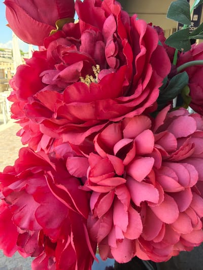 A close-up shot captures a vibrant arrangement of artificial red and pink flowers. The petals are layered and textured, creating a full and opulent display. Some of the petals are deep red, while others are a softer pink hue. In the background, out of focus, hints of a cityscape can be seen, including buildings with terracotta roofs and a bright blue sky. The lighting suggests it is daytime, possibly outdoors. The scene is located in Punta Ala, Italy, likely an outdoor setting such as a balcony or terrace.