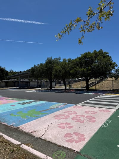 The image depicts a colorful mural painted on an asphalt surface, possibly a playground or a schoolyard, in Novato, California. The mural features various designs, including pink hibiscus flowers, green palm trees, and a dark silhouette of a bird or animal. A zebra crossing painted in black and white stripes is visible on the right side of the frame. In the background, there is a low-rise building with a covered walkway and several trees. The sky is clear blue with two contrails from an airplane. The scene appears to be under bright daylight, suggesting it was taken during the day.