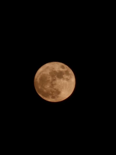 A photograph captures a full moon against a completely black night sky. The moon, the sole visible subject, exhibits a warm, earthy orange-brown hue. Its spherical form is clearly defined, with discernible surface features including darker patches (maria) and lighter, potentially cratered regions. The texture of the moon's surface appears slightly soft or diffused. It is centrally positioned within the frame, highlighting its prominent presence. The deep black background signifies a clear, starless night, with no other celestial bodies or atmospheric phenomena visible. The image was taken at night in Holywell, United Kingdom. No people, additional objects, or text are present.
