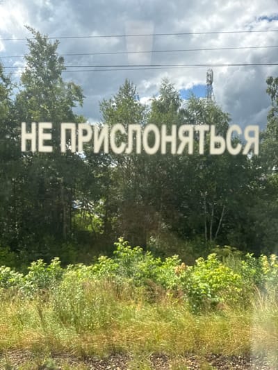 The image shows a view through a window, with the text "НЕ ПРИСЛОНЯТЬСЯ" (Do Not Lean) emblazoned across the center in large, white, sans-serif letters. The text is slightly transparent, allowing a blurred background of trees and a cloudy sky to be seen through it. The environment suggests an outdoor scene, possibly a park or natural area adjacent to a roadway or railway, given the presence of telephone wires and a communication tower visible in the distance. The foreground consists of lush green vegetation, grasses, and some gravel. The overall impression is that of a sign on a window of a moving vehicle, looking out at a somewhat overgrown natural landscape in the area of Varvarino, Russia.