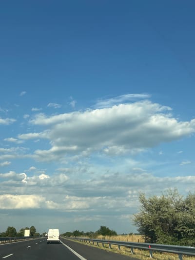 The media file depicts a roadside view, likely from a vehicle traveling on a highway. The sky dominates the upper left portion of the image, a vibrant blue with scattered white clouds. The clouds appear wispy and elongated, suggesting a breezy day.
To the right of the sky, a line of trees and vegetation runs along the side of the road, with a metal guardrail separating the road from the embankment. The trees are dense and leafy, with one prominent tree in the mid-ground showing a silvery-green foliage. The ground appears dry and grassy, with some patches of darker soil.
The road itself is dark asphalt, with white lane markings visible. In the distance, a white van is traveling on the road, moving away from the viewer. The van is rectangular and appears to be a commercial vehicle. Further down the road, other vehicles and structures are faintly visible.
The lighting suggests it is daytime, likely late morning or afternoon, with bright sunlight casting shadows. The overall impression is one of a journey on a clear, albeit cloudy, day. The location context of Tsalapitsa, Bulgaria, hints at a rural or semi-rural highway setting. No visible text is present in the image.