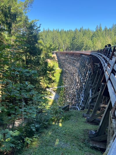 The image depicts a large, wooden trestle bridge spanning a valley with dense forestation on either side. The bridge is constructed with numerous diagonal wooden supports, creating a curved structure that extends into the distance. The top of the bridge appears to be a walking or cycling path, with people visible walking along it. In the foreground, there is lush green vegetation, including trees and ferns. The sky is clear and blue. The location is identified as Area B (Shawnigan Lake), Canada.