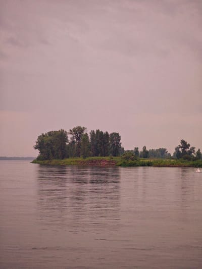 The image captures a serene natural landscape, likely a river scene near Kazachinskoe, Russia. The foreground is dominated by a wide body of water, its surface reflecting the overcast sky with gentle ripples. In the mid-ground, a lush green island or peninsula juts out into the water, densely covered with trees. The foliage is thick and varied, suggesting a healthy ecosystem. The trees on the island vary in height and density, creating a natural, undulating treeline against the muted sky. The far background shows a hazy, indistinct shoreline, further emphasizing the expanse of the water. A small white buoy with a black number "5" is visible on the right side of the water, indicating it's a navigable waterway. The overall mood is tranquil and untouched, with a soft, diffused light filtering through the clouds, contributing to a slightly muted color palette. There are no people or man-made structures, except for the buoy, present in the scene.