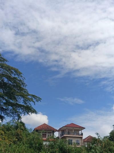 Blue sky with scattered white clouds fills most of the image. Below, lush green foliage and a tree branch obscure the lower half. Partially visible are two houses with reddish-brown tiled roofs. The house on the right has two stories with a balcony. A third house, slightly smaller, is partially seen. The perspective is looking upward towards the sky and houses.
