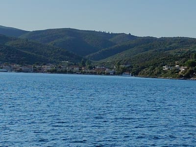 The image shows a wide, still body of blue water in the foreground. In the middle ground, a coastal town with white and red buildings is nestled at the base of a steep, densely forested mountain range. The mountains rise in undulating green slopes under a clear, pale blue sky. The scene appears to be a scenic view of a Greek coastal settlement, likely in the Municipal Unit of Pelasgia, given the characteristic Mediterranean landscape. There are no people or discernible actions in the image.