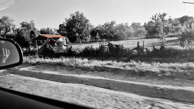 The image captures a scene reflected in a car's side mirror, rotated 90 degrees clockwise. The primary subject is a rural landscape, likely in Razeni, Moldova. In the mirror's reflection, a building with a red-tiled roof is visible, partially obscured by trees. A hand with a ring on one finger is also seen, suggesting a person is inside the vehicle, looking into the mirror. The background shows a mix of vegetation and a field, with a fence line running through it. The overall tone is monochromatic with selective color highlighting the red roof and two red spheres, possibly decorative elements or lights. The lighting suggests it's daytime. The blurry, streaky quality of the background indicates motion, implying the photograph was taken from a moving vehicle. No visible text is present in the image.