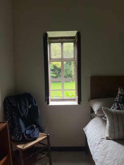 This image captures the interior of a room, identified as being in Huasca de Ocampo, Mexico. A rectangular window with dark wooden trim and light mullions dominates the central frame, providing natural illumination. The window is open, revealing an exterior view of a vibrant green lawn bordered by dense green trees and foliage. Small green plant leaves are visible on the interior windowsill. To the left of the window, a wooden chair with a woven rush seat holds a dark, patterned garment and a dark blue bag with a light brown handle. A portion of a wooden bookshelf and a white electrical outlet are visible in the lower left corner. To the right of the window, a bed with a wooden headboard is partially visible, made with light-colored, subtly patterned bedding. Several pillows are arranged on the bed, including one with a dark floral pattern and another with a light striped pattern. No individuals are present in the scene.