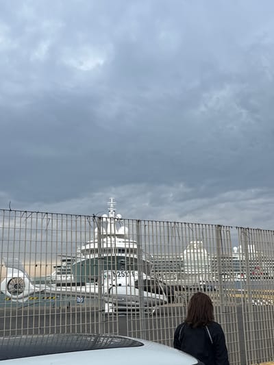 The image shows a harbor scene in Civitavecchia, Italy, as viewed through a chain-link fence. A white ferry or cruise ship, partially visible to the right, suggests a passenger port. Behind the fence is a helicopter with the marking "2521F". Part of a person in a black jacket is visible near the right edge of the frame. The sky is overcast with grey clouds.