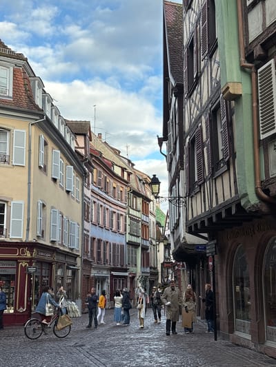 The image depicts a narrow street in Colmar, France, lined with traditional Alsatian half-timbered houses. The architecture features colorful facades, steeply pitched roofs, and numerous windows with shutters. The street is paved with cobblestones and appears wet, suggesting recent rain. Several people are present, engaged in various activities. On the left, a person is riding a bicycle carrying shopping bags. Other individuals are walking, taking pictures, and conversing. The sky is partly cloudy, with patches of blue sky visible. The overall impression is a charming European street scene.