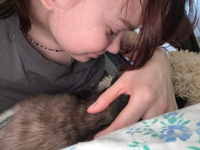 A close-up, intimate photograph captures a person lying down, seemingly cuddling with a furry animal under a blanket. The scene is shot from a top-down perspective, focusing on the interaction between the person and the animal.

The primary subject is a person, likely female, whose right profile and part of her face, from the nose downwards, are visible. She has fair skin and long, dark auburn or brown hair that falls around her face and shoulder. She is wearing a dark grey t-shirt and a thin, dark beaded necklace with some black beads. Her left hand is gently placed on the back of a dark brown, dense-furred animal, which appears to be a cat or a ferret. The animal's fur is rich in texture and color.

Part of a white blanket or duvet with a blue floral pattern (featuring blue flowers and green leaves) covers the upper left portion of the frame, partially obscuring the person's arm and the animal. To the left of the person's head, a cream-colored, fluffy, possibly faux fur texture, resembling a pillow or soft furnishing, is visible. In the blurry background, behind the person's head and neck, dark objects that could be electronic devices or furniture are faintly discernible.

The overall activity suggests a moment of rest, comfort, and affection between the person and their pet. The gentle placement of the hand on the animal's fur conveys a sense of warmth and peacefulness. The setting appears to be indoors, likely a bedroom or living room, indicating a relaxed, private atmosphere. There is no visible text in the image. The location context provided is Khrenovoye, Russia.