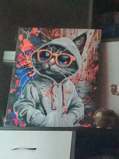 The image displays a painting of a cat wearing a hoodie and orange sunglasses. The cat is depicted in a cool, urban style, with a vibrant, abstract background that includes splashes of orange and blue. The painting is placed on a shelf or surface, with a dark, textured background behind it. To the right of the painting, there is a fuzzy, brown object that resembles a stuffed animal or decorative item. The bottom of the image shows a white drawer with a metallic handle. The overall scene appears to be indoors, possibly in a home or studio environment. There is no indication of Syasstroy, Russia, or any specific city location.