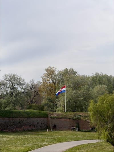 The image shows a scene at the Osijek Fortress (Tvrdja) in Osijek, Croatia. The Croatian flag is prominently displayed on a pole, waving in the wind. Behind the flag is a brick wall, part of the fortress structure, overgrown with grass and some vegetation. Beyond the wall, a dense collection of trees fills the background. A paved path runs along the right side of the image, adjacent to the grassy area beside the fortress wall. The sky is overcast, casting a soft, diffused light on the scene.