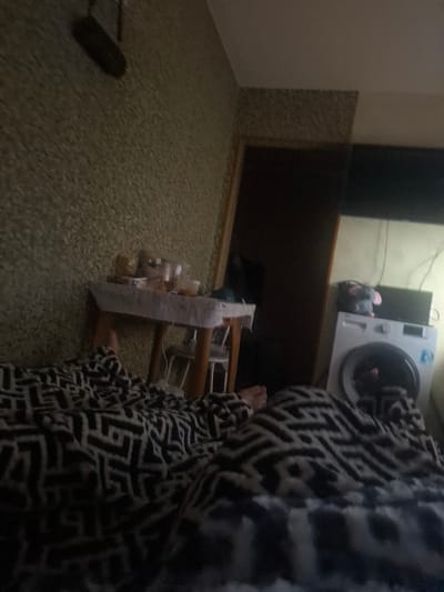 The image depicts an indoor scene, likely a residential setting. The main subject is a person partially visible, draped in a black and white patterned blanket. Their feet are also visible, suggesting they are seated or lying down.
In the background, a washing machine is present, indicating a laundry area or a utility space within the home. A small, gray stuffed animal with pink accents is placed near the washing machine. A dark rectangular object, possibly a shelf or a cabinet, is positioned to the left of the washing machine.
In the foreground, a wooden rack holds several items, including bottles that appear to be filled with liquid. Some of these bottles are wrapped in white material. The floor is carpeted with a speckled texture. To the left of the rack, a dark, elongated object, possibly a remote control or a phone, is resting on the carpet.
The lighting in the image is dim, suggesting it might be nighttime or a poorly lit room. There are no explicit cues about the weather. The overall impression is a candid, somewhat cluttered snapshot of domestic life. No text is legible in the image.
