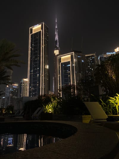 The image depicts a nighttime view in Business Bay, United Arab Emirates, featuring the Burj Khalifa in the distance. Two brightly lit, modern buildings dominate the middle ground. A portion of a dark, possibly stone structure, possibly a fountain, is visible on the left. The bottom portion of the image displays illuminated green plants, with "EMAAR" visible on a building in the lower-right corner. The overall scene is dark, with the main light sources emanating from the buildings. Palm tree fronds are seen near the top of the frame.