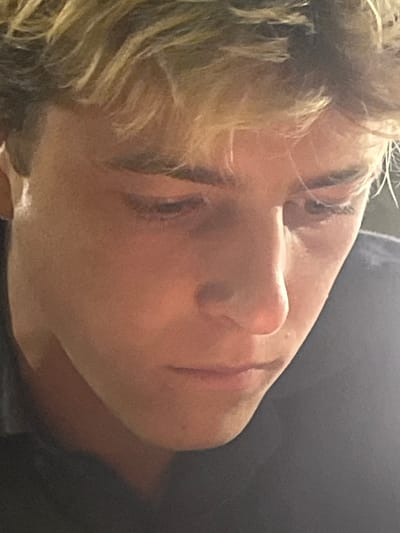 A close-up portrait shows a youthful individual with blonde, wavy hair and a fair complexion, gazing downwards. The subject's eyes are partially visible beneath light brown eyebrows; the nose is straight, and the lips are closed. A dark-colored garment covers the shoulders and neck. Soft, directional lighting illuminates the upper-left side of the face, casting subtle shadows on the right. The background is uniformly dark and out of focus, providing no environmental details. The location is specified as Rolling Hills Estates, United States, though visual indicators confirming this are absent from the image. No actions or interactions are depicted beyond the subject's downward gaze.