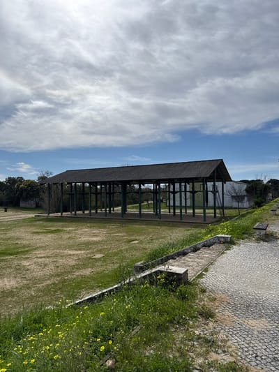 The scene is located in Praia do Ribatejo, Portugal, depicting an outdoor area under a partially cloudy sky. A long, rectangular, open-sided pavilion with a dark, corrugated roof supported by numerous dark green pillars occupies the midground. In front of the pavilion, a sparse grassy field exhibits patches of dry grass and exposed earth. To the right, a cobbled pathway extends into the background, bordered by a concrete or stone-raised edge overgrown with green vegetation and yellow wildflowers. A single concrete bench is positioned along this path. In the distant left background, a small, light-colored building with a dark roof is partially obscured by trees. To the right and behind the pavilion, a larger, white-walled building is visible. No individuals or discernible actions are present.
