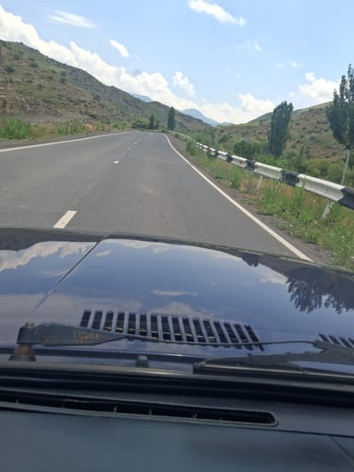 The image shows a view from the driver's seat of a car, looking out at a scenic road in Zaritap, Armenia. The road is asphalt with white lane markings and curves to the left. It is bordered by a guardrail on the right side and a steep, rocky, and vegetated mountainside on the left. Tall green trees are visible on the right side of the road, further down the valley. The sky is blue with scattered white clouds. The car's dark blue hood is in the foreground, reflecting the sky and surrounding landscape. The windshield wipers are visible on the hood.