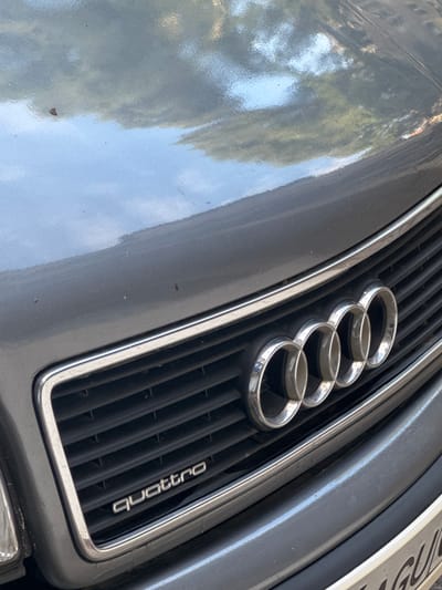 The image shows a close-up of the front grille of a gray Audi car. The iconic four-ring Audi logo is prominently displayed in the center of the grille. Below the logo, the word "quattro" is visible in silver lettering. The car's hood is visible above the grille, reflecting the surrounding environment, which appears to be a street scene with trees and sky. The image is a high-angle shot, focusing on the car's front end. There is no indication of the city of Oral, Kazakhstan in the image itself.