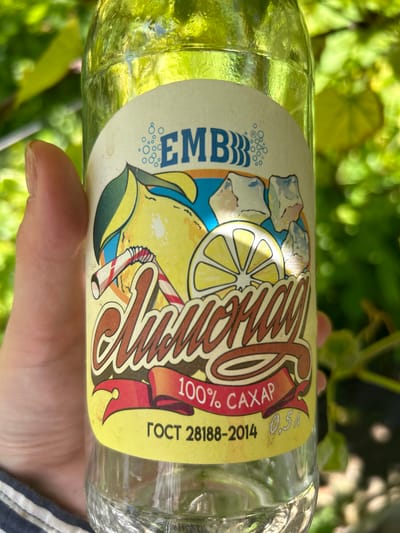 A hand holds a clear glass bottle with a yellow label featuring a cartoon illustration of a lemon, ice cubes, and bubbles. The illustration is in a colorful, retro style. The text on the label is in Russian and includes "EMB" in large blue letters on the left, and on the right side, "100% CAXAP" (100% Sugar), "ГОСТ 28188-2014" (GOST 28188-2014, a Russian standard), and "0,5 л" (0.5 liters). The bottle is outdoors, with blurred green foliage in the background, suggesting a natural setting during daylight. The hand holding the bottle appears to be that of an adult, and the overall lighting suggests it is daytime. The scene is casual and hints at enjoying a beverage outdoors, possibly in a park or garden.