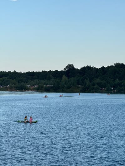 The image depicts a lake with a tree-lined shore on the left and the water occupying the right portion. The sky is a pale blue, indicating it's likely daytime, possibly late afternoon or early evening.
Several people are visible on the water, engaged in various activities. In the foreground, two people are on a paddleboard or kayak, one wearing a pink top and the other a green top. Further back, other individuals are on similar watercraft, and some appear to be swimming or wading near the shore. Along the treeline, there are hints of a gathering, with what looks like cars parked and people congregating on the bank.
The water is calm with visible ripples. The dense foliage of the trees creates a dark green backdrop along the edge of the lake. The overall atmosphere seems relaxed and recreational, suggesting a pleasant day for outdoor activities at a lakeside location. No visible text is present in the image.