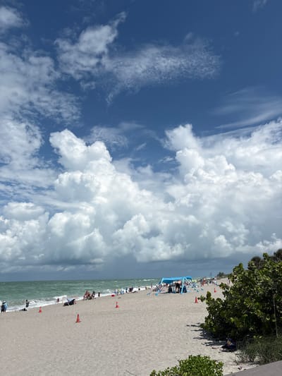 This image captures a sunny day at Englewood Beach in Englewood, Florida, United States. The sky is a vibrant blue, dotted with dramatic white cumulus clouds, some of which are quite large and puffy. The ocean water is a choppy, greenish-blue, with moderate waves rolling towards the shore. The beach itself is covered in light gray sand.
Several people are visible enjoying the beach. In the foreground, there are a few orange traffic cones placed on the sand. Further back, a blue canopy tent is set up, providing shade for a group of people. Other individuals are scattered across the beach, some sitting in chairs, others standing or walking. Some people are in the water. To the right of the image, lush green vegetation, including bushes and grasses, grows along the edge of the beach. The overall scene depicts a typical day at a populated beach with pleasant weather.