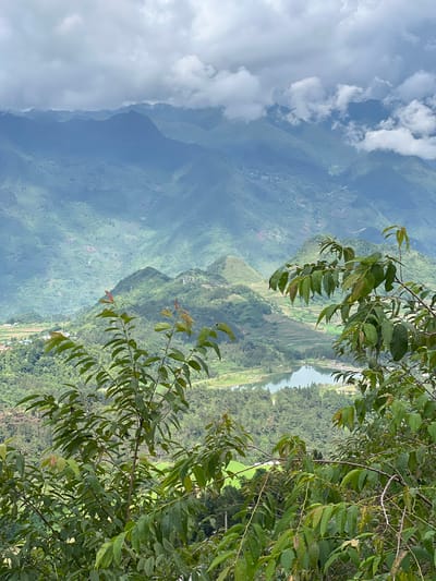 The image captures a lush, mountainous landscape in Quản Bạ Commune, Vietnam. In the foreground, branches of a tree with vibrant green leaves, some tinged with red, partially obscure the view. Beyond the foliage, rolling hills covered in dense vegetation stretch into the distance. A tranquil lake or reservoir is visible in the mid-ground, reflecting the overcast sky. Further back, layers of misty mountains recede, their peaks partially shrouded by clouds. The scene suggests a serene, natural environment, likely a rural or undeveloped area. There are no people or specific man-made structures immediately discernible in the central portion of the image, although some distant hints of human settlement, such as small buildings and terraced fields, can be observed on the hillsides.