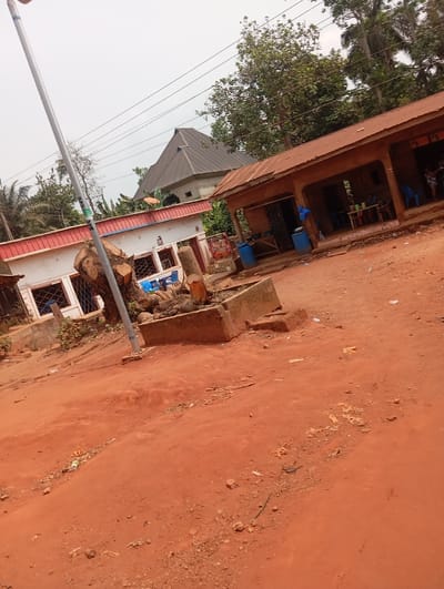 This image depicts an outdoor scene in Okpatu-Ukehe, Nigeria, characterized by a reddish-brown dirt ground. In the foreground, a tall, slender silver utility pole stands vertically, with overhead power lines extending across the upper portion of the frame. Adjacent to the pole, a large tree stump with visible saw marks is situated within a rectangular concrete planter box that also contains debris.

To the left, a single-story building features white painted walls, multiple windows secured with metal bars, and a red corrugated metal roof trim. A small, colorful advertisement poster is affixed to its front. Behind this building, a partial view of a white satellite dish and additional trees is visible.

To the right, a single-story open-front structure with a rusty brown corrugated metal roof and exposed concrete columns appears to function as a commercial establishment. Under its shelter, several blue plastic chairs and tables are arranged, with at least two blue plastic barrels positioned nearby. Multiple individuals are present within this structure; two are partially visible seated at a table on the left, and another figure stands further to the right.

In the background, behind the open-front structure and trees, a multi-story building with a dark, pyramid-shaped corrugated metal roof is visible. The sky is overcast and light-colored. The dirt ground throughout the scene is uneven and littered with small pieces of debris, including plastic and paper.