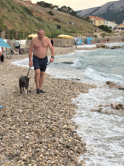 The image depicts a man and his dog walking on a pebbled beach in Općina Baška, Croatia. The man, shirtless and wearing dark shorts, is holding a leash attached to a dark-colored dog. They are walking towards the foreground, with the dog slightly ahead of the man. The background shows a hillside with vegetation and buildings, typical of the coastal landscape of Baška. The sea is visible on the right side of the image, with gentle waves lapping at the shore. Several yellow umbrellas and beach tents are set up further up the beach, suggesting it is a public area. The lighting indicates it is likely late afternoon or early evening.