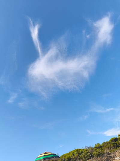 The image depicts a bright, clear blue sky with wispy white clouds, some of which vaguely resemble a swan. In the lower portion of the frame, a hillside covered in lush green vegetation slopes upwards. A beach umbrella with colorful stripes of green, yellow, orange, and black is partially visible in the bottom left corner, resting on the hillside. The scene suggests a location in or near Castiglione della Pescaia, Italy, likely a coastal area given the vegetation and implied open sky. No people or animals are discernable.