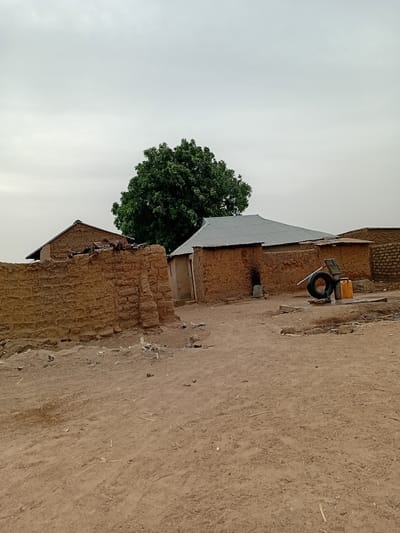 The image depicts a scene in Nata-Ala, Nigeria, showing a dirt road adjacent to a mud-brick structure with a corrugated metal roof. A large, leafy tree grows near the building. Visible on the building’s exterior are a car tire, a yellow container, and a pipe. The dirt road is uneven and shows signs of erosion and scattered debris. The sky is overcast. No people are visible in the image.