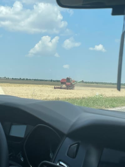 The image shows a combine harvester working in a field of harvested grain under a partly cloudy sky. The combine is red and green and is positioned in the middle-right of the frame. The field is mostly golden with some green vegetation in the foreground. The perspective is from inside a vehicle, with the dashboard visible in the lower part of the image. A rearview mirror is visible in the upper right corner. The location is identified as Proletarskii, Russia.