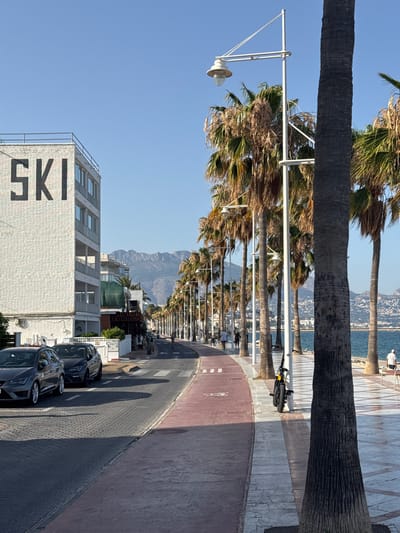 The image depicts a sun-drenched scene in l'Alfàs del Pi, Spain, likely during the daytime, given the bright sunlight and clear blue sky. The perspective is from ground level, looking along a wide paved walkway lined with numerous palm trees. The walkway has distinct sections: a lighter-colored stone paving with a geometric pattern closest to the palm trees, and a reddish-brown path, possibly for cycling or jogging, further along.

In the foreground, a large palm tree trunk dominates the left side of the frame. Beyond it, a series of streetlights with white fixtures are visible, interspersed with the palm trees. On the right side of the walkway, a street with parked cars is depicted. Several dark-colored cars are parked along the curb, casting long shadows across the street.

Further down the walkway, people can be seen strolling, and a bicycle is parked near one of the palm trees. In the background, a coastal town with buildings and mountains is visible, suggesting the proximity of the sea. A white building with the word "SKI" prominently displayed in large black letters on its facade is a notable detail in the lower left portion of the image. The overall atmosphere is one of leisure and a warm, pleasant day in a Mediterranean setting.