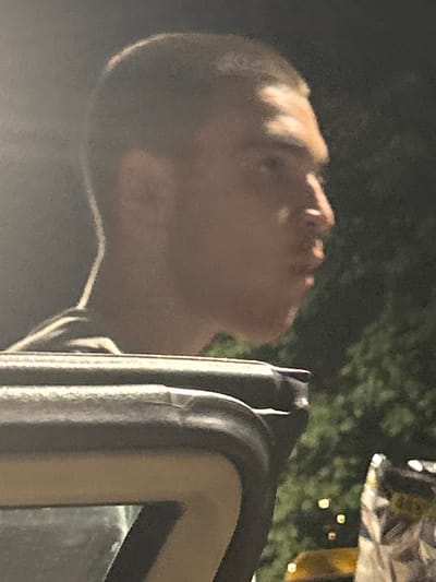 The image shows a profile view of a young male with a buzz cut, looking to the right. He is wearing a light-colored t-shirt. The background is dark with some blurred green foliage and what appear to be small, out-of-focus lights, suggesting an outdoor, possibly evening or night scene. In the foreground, a dark, curved object, likely the interior of a car door or frame, is visible. The overall image quality is low, with a grainy texture and some motion blur. There are no discernible landmarks or details to place this image in Dulovo, Bulgaria.