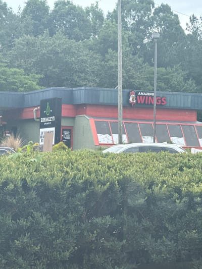 The image shows two commercial buildings in Stone Mountain, Georgia. One building hosts "Amazing Wings," identifiable by its signage with a chicken logo and red lettering. Adjacent is "Bob Bailey's Appliance Co.," indicated by a sign with an intertwined "B" logo. A light post stands near "Amazing Wings." The foreground has dense foliage, partially obscuring a white car. The background consists of trees.