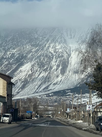 The image depicts a winter or early spring street scene in Arsha, Georgia, with a towering, rugged, snow-covered mountain dominating the background under an overcast sky. A paved road, appearing wet in places, extends into the distant midground, flanked by utility poles with power lines and a mix of single and multi-story buildings.
On the left side of the road in the foreground, part of a multi-story building with a stone-clad lower section and a visible balcony is present. A white mini-van is parked on the dirt shoulder adjacent to this building. Further down the left, a sign for a "HOTEL" is visible on a building.
The right side of the road features bare deciduous trees, some evergreen foliage, and various utility poles with attached signage, one of which displays a red cross symbol. Several small, older buildings line this side of the street. A dark-colored sedan is parked on the right shoulder further down the road.
In the midground, a blue truck and other vehicles are present on the road. Beyond the immediate street, a cluster of buildings indicative of a town or village settlement is visible in the valley, nestled against the base of the massive snow-covered mountain range. The upper peaks of the mountain are partially obscured by low-hanging clouds or fog. No individuals are visible.