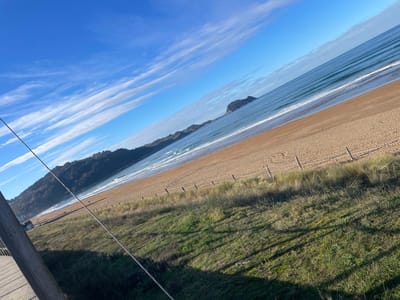 The image displays an oblique, wide-angle view of Zarautz Beach in Zarautz, Spain, under clear, sunny conditions. The sky is a vibrant blue, traversed by elongated white cirrus clouds. In the immediate foreground, a patch of green grass and moss is visible, casting long shadows to the right. A section of a wooden structure, possibly a boardwalk or railing, occupies the lower left, from which a thin cable or wire extends diagonally across the frame.

A low fence, composed of wooden posts connected by rope or wire, delineates the transition from the grassy area to the extensive light-brown sandy beach. Faint tracks or patterns are discernible on the sand. The Atlantic Ocean dominates the middle ground and right side, presenting blue-green water with multiple parallel waves breaking towards the shore, cresting with white foam.

In the background to the left, the coastline features dark green, tree-covered hills and mountains. Further out in the ocean, a distinctive rocky island or headland, consistent with the Ratón de Getaria, is visible. No individuals are clearly discernible within the scene. The overall lighting indicates bright daylight, with shadows suggesting a low sun angle.