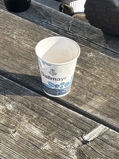 A white paper cup, bearing the "Dallmayr" brand logo in blue text, a crest, and a band of stylized blue coffee beans/olives, rests on a weathered wooden surface. The cup appears empty, with residual liquid marks visible on its interior walls. Partial German and English text is visible on the cup, including "Bewusst genießen!" and "Cup with plastic coating." The wooden surface consists of horizontally oriented planks, exhibiting prominent grain and a faded, gray-brown coloration. Strong, direct illumination from the right casts a distinct shadow from the cup to its left. In the blurred upper background, a dark shoe or boot is partially visible on the right, alongside a dark, indistinct object on the far left. This scene is situated in Lièpvre, France.