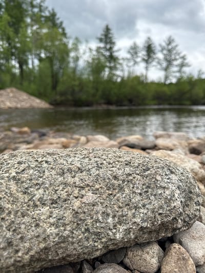 The image shows a close-up view of a large, rough, grey rock in the foreground. Behind it, a rocky shore leads to a body of dark, calm water. In the background, a line of green trees and taller, sparser trees with a somewhat blurred appearance are visible under a cloudy sky. The location is the city of Murtygit, Russia.