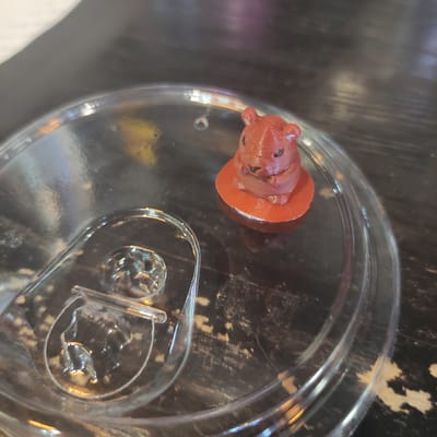 This media file shows a close-up, overhead view of a small, red, 3D-printed pig figurine attached to the lid of a clear plastic cup. The figurine has carved details representing its snout, eyes, and ears. The cup lid appears to have a raised pattern of concentric circles and a pull tab with embossed lettering that is not clearly legible due to glare and focus. The background is dark and textured, suggesting a surface like wood or a dark tabletop. The lighting is artificial, casting reflections on the plastic surface and highlighting the figurine. There is no indication of time of day, weather, or specific location beyond the provided context of Kobeliaky, Ukraine. The image focuses solely on the figurine and the cup lid, with no visible signs of people or other environmental details.