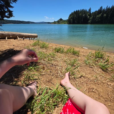 The image depicts a first-person perspective of someone sitting on a sandy shore next to a body of water, likely a lake. The water is a vibrant turquoise color and is bordered by a dense forest of evergreen trees on the far bank. The sky is a clear, bright blue with a few wispy white clouds.
In the foreground, the person's legs are visible, one bent at the knee and the other extended. They are wearing red shorts with a white pattern. The ground is covered in dry, straw-like grass and dirt. A person's hand is reaching out, holding a small, light-colored object, possibly a piece of food or a pebble.
To the left, a large, weathered log rests on the shore, supported by several smaller branches. The overall scene suggests a peaceful outdoor setting, likely in a natural area such as a park or reservoir. The specific location of Cherry Grove, United States, is mentioned, but without further context from the image itself, it's not possible to pinpoint the exact spot within Cherry Grove.