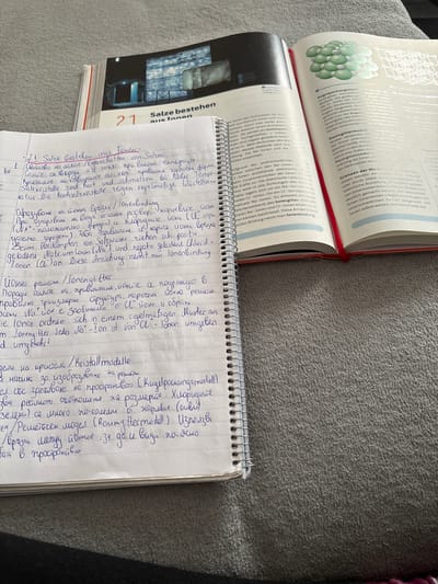 The image shows a close-up of an open notebook with handwritten notes next to an open textbook. The textbook has a red cover and is open to a page discussing chemical structures. The notebook contains handwritten text in blue ink, with some words underlined in red. The notes appear to be related to chemistry, discussing topics like salt, ions, and crystal models. The textbook page displays diagrams of molecular structures, specifically showing sodium (Na) and chlorine (Cl) ions in a lattice formation. The overall scene is consistent with someone studying chemistry, possibly in a home or educational setting. The image does not contain any elements that would suggest a specific location in Groß-Gerau, Germany.