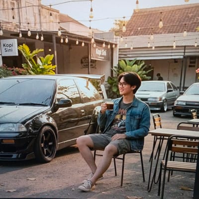 The image captures an outdoor scene in Cigadung, Indonesia, possibly a cafe or eatery, with a man sitting on a chair holding a cup of coffee. He is wearing glasses, a denim jacket, a t-shirt with a graphic print, and shorts. He is positioned next to a black modified car with a large spoiler. In the background, there are other cars, outdoor lighting strung across wires, and buildings with tiled roofs. A sign that reads "Kopi Sini" is visible on the left. Tables and chairs are set up in the foreground, suggesting a seating area. The ground appears to be a mix of dirt and gravel.