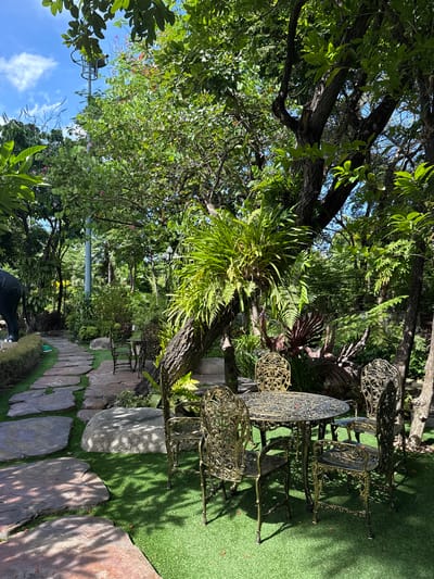 This photograph captures a tranquil outdoor scene in Samrong Nuea Subdistrict Municipality, Thailand. A set of ornate, antique-style metal outdoor furniture, including a round table and four chairs, is arranged on a patch of green turf beside a stone-paved pathway. The path meanders through a lush garden setting, densely populated with trees, ferns, and various plants, creating a shaded and verdant environment. A large tree with epiphytic plants growing on its trunk is prominently featured near the furniture. The sky is partially visible through the tree canopy, revealing a few clouds. A lamp post and the hint of a statue add to the character of the scene.