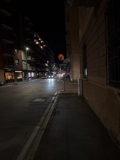 The image depicts a nighttime street scene in Novara, Italy. The perspective is from a sidewalk looking across a wet asphalt street towards buildings lining the opposite side. Streetlights illuminate the road, reflecting off the wet surface. Several cars are visible on the street, with their headlights on. The buildings on the left have multiple floors with lit windows and balconies. On the right, a textured, light-brown building wall with barred windows is prominent. A street signpost with multiple signs, including one depicting a silhouette of cats against an orange circle, is visible in the middle ground. The overall atmosphere is urban and nocturnal.