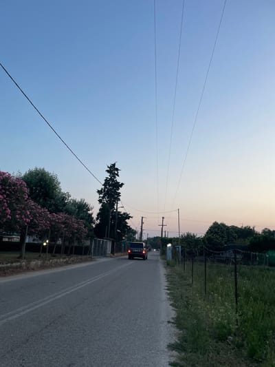 The image depicts a street scene in Skala Avdiron, Greece, during what appears to be dusk. A dark-colored vehicle is traveling away from the viewer on a paved road that has white lane markings. The road is bordered on the left by a sidewalk and a row of trees with pink blossoms, interspersed with streetlights. A fence runs along the right side of the road, separating it from a grassy area. Overhead, power lines stretch across the clear blue sky, which is transitioning to a lighter hue near the horizon. The overall environment suggests a quiet, possibly rural or suburban, setting.