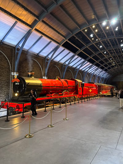A red steam train with the number "5972" and a "Hogwarts Express" emblem on its front is displayed behind a rope barrier with gold stanchions. A person wearing black is standing next to the train. The train is located indoors, under a tall arched ceiling with a grid-like structure and windows. The location is likely a museum or exhibition hall. There is no indication in the image that it is located in Nerima, Japan.
